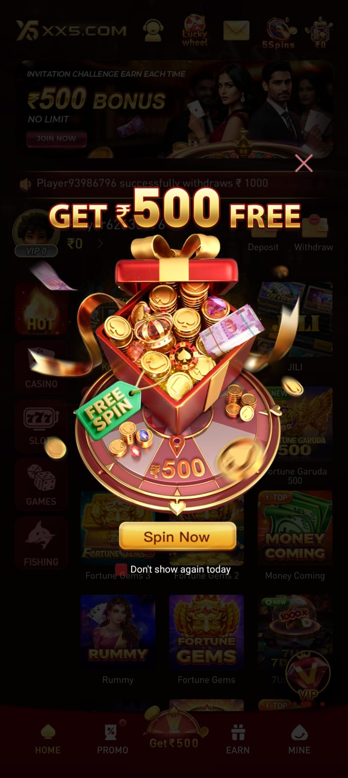 XX5 Game ₹500 bonus offer and free spin promotion