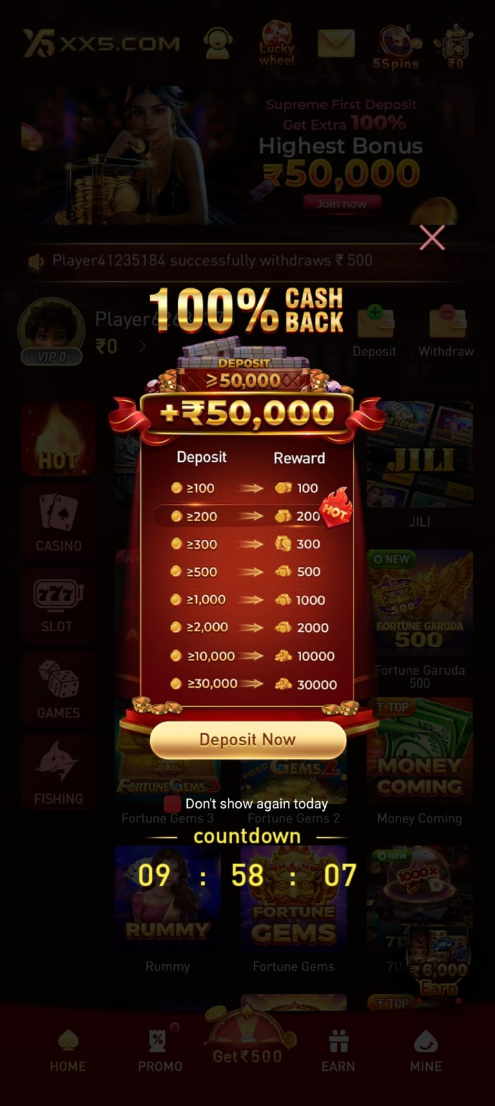 XX5 Game deposit bonus and cashback promotion