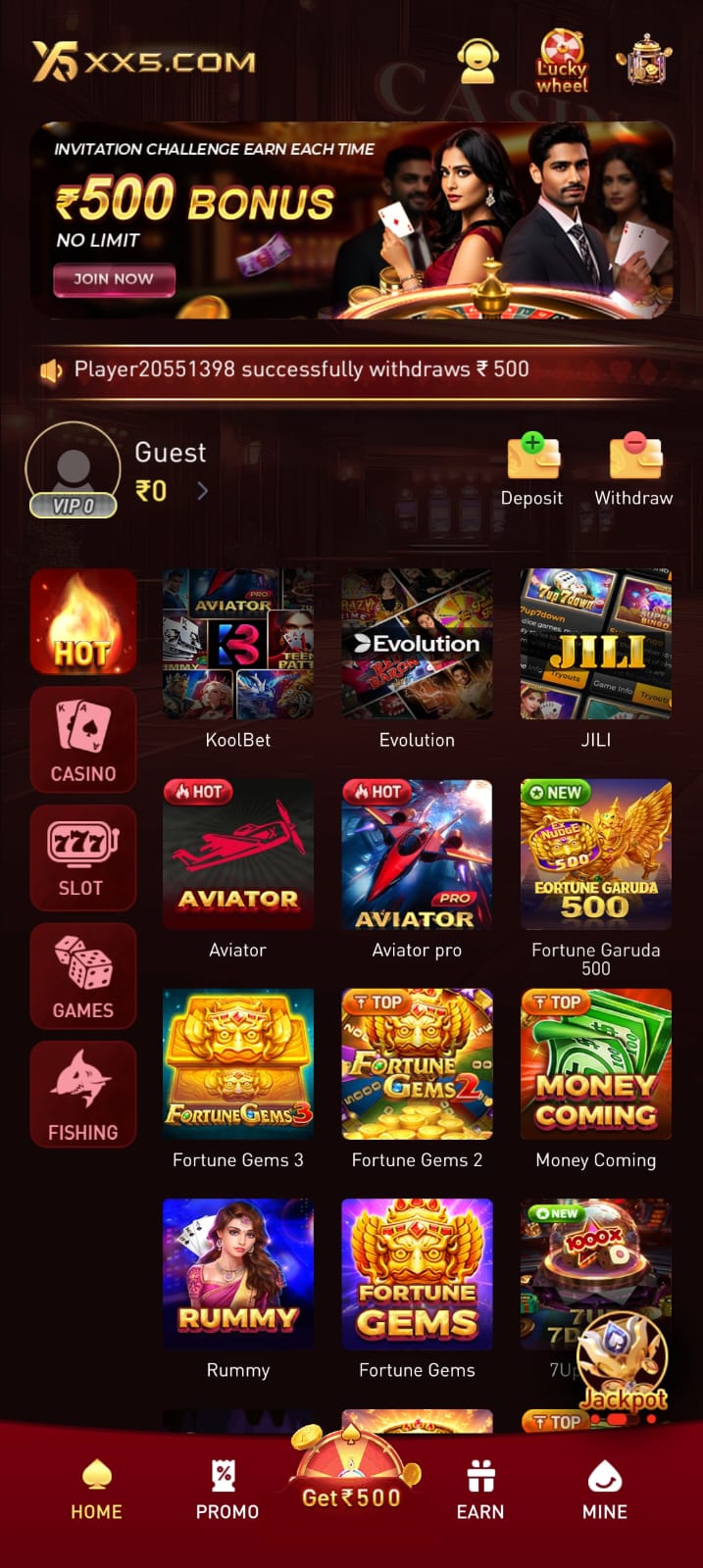 XX5 Game main page with casino slot games and gaming categories